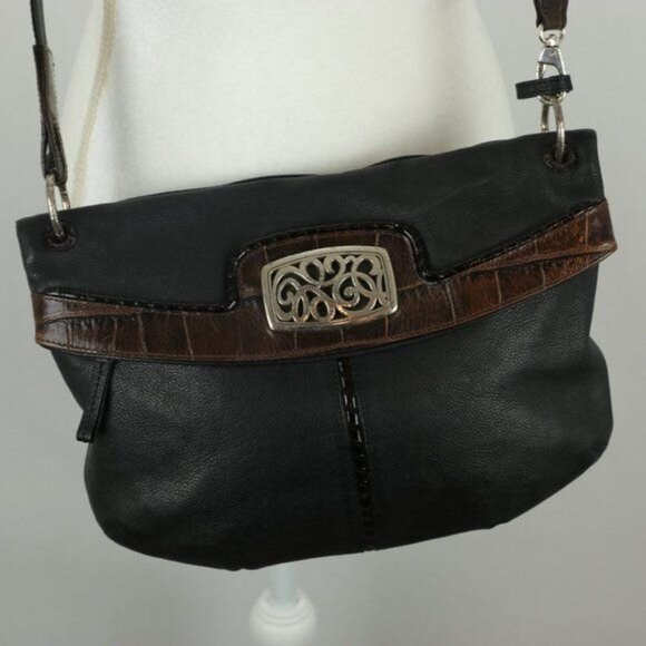 Brighton Women's Black Brown Embossed Leather Fold Over Crossbody Bag - Picture 2 of 8